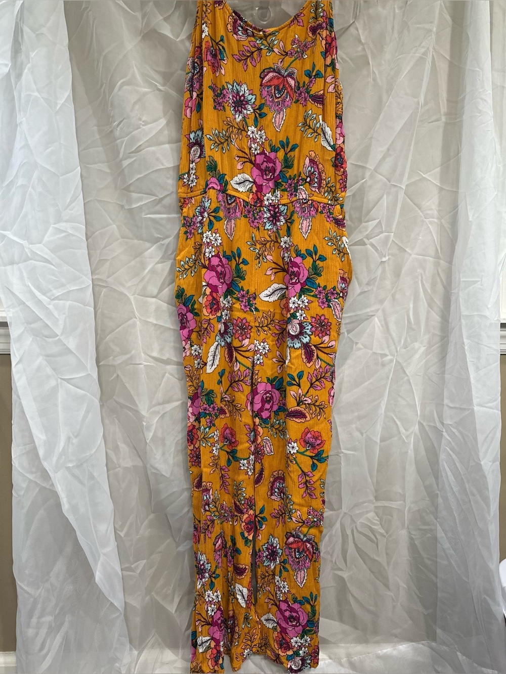 a.n.a Mustard Floral funky retro print Spaghetti Strap Jumpsuit with Pink Accen
